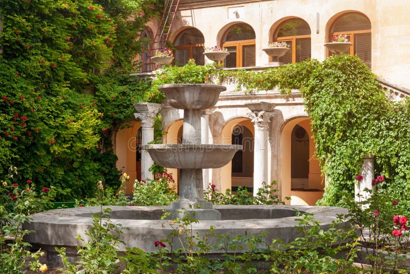 Cozy patio with small garden in museum of Chersonese. Sevastopol, Crimea