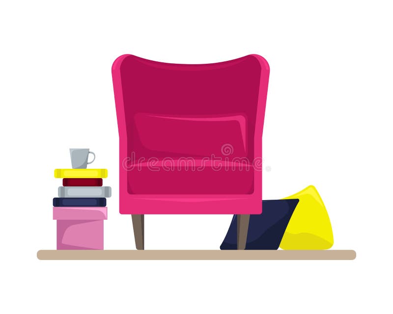 Cozy Pink Armchair with Pillows and Books. Bookcase Stock Vector