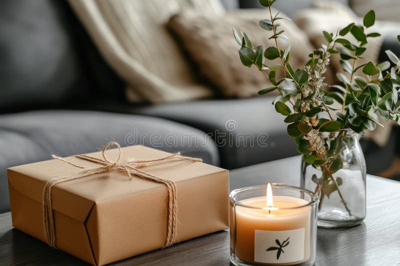 Cozy-presentlåda med ljus och grön stock illustrationer