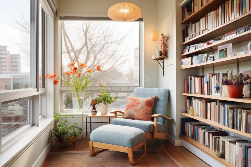 Cozy Reading Corner with Extensive Glazing and Bookshelves Stock Photo