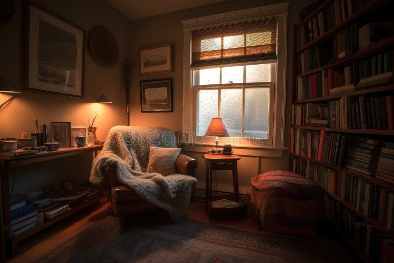 Cozy Reading Nook With Bookshelves Plush Armchair And Throw Blanket Cozy Reading Nook With Bookshelves Plush Armchair And Throw Blanket
