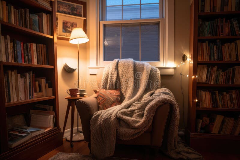 Cozy Reading Nook With Bookshelves Plush Armchair And Throw Blanket Cozy Reading Nook With Bookshelves Plush Armchair And Throw Blanket