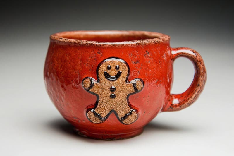 Cozy red mug with gingerbread decoration on neutral background stock image