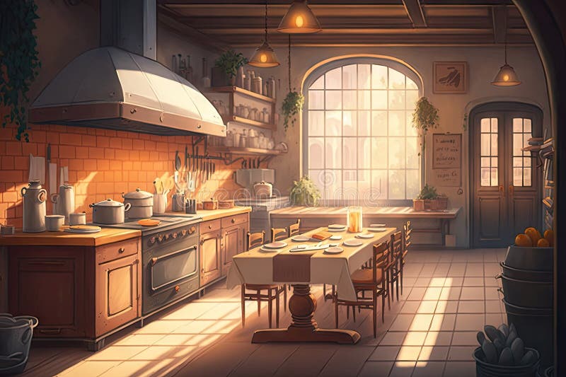 A Cozy Restaurant Kitchen, with Warm Tones and Natural Light, for a