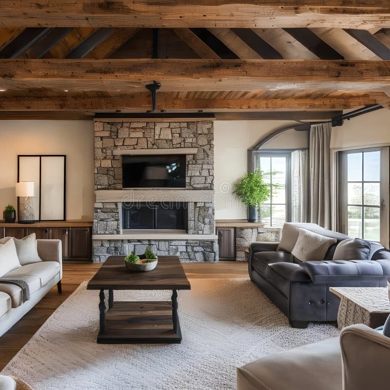 6 a Cozy, Rustic-inspired Living Room with a Stone Fireplace, Exposed ...
