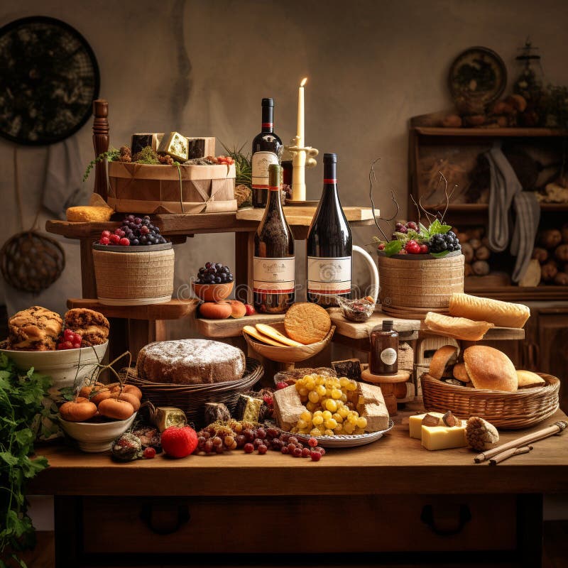 Cozy Rustic Setting with Festive Hamper. Experience the warmth and nostalgia of the holiday season with this image capturing a cozy, rustic setting. On a wooden table, you ll find a beautifully arranged festive hamper filled with traditional goodies. The hamper overflows with homemade treats, including freshly baked pies, jars of homemade jams, bottles of local wine, and bundles of aromatic spices. Twinkling fairy lights drape over the table, creating a magical ambiance, while a crackling fireplace in the background casts a flickering glow. This image perfectly captures the joyous anticipation of indulging in familiar, homemade delights during the holidays. AI generated