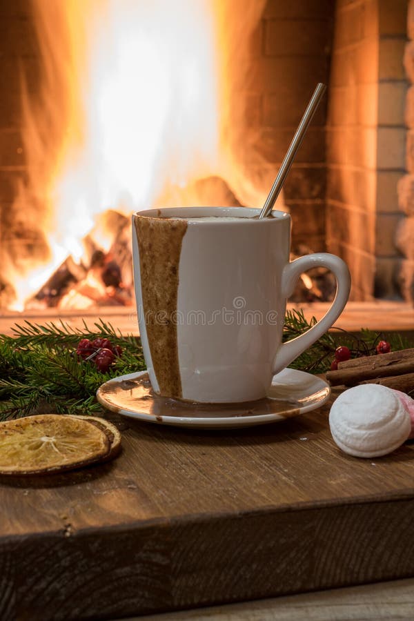 Cozy Scene before Fireplace Mug with Hot Chocolate, Mulled Fruit and ...