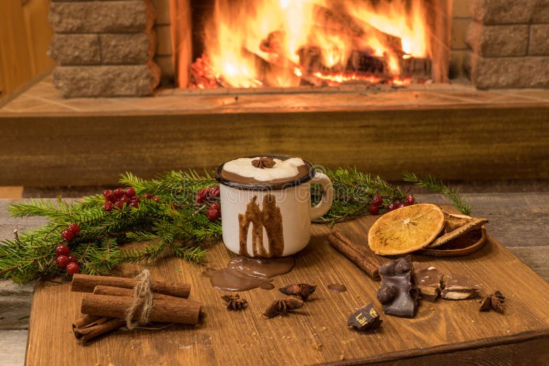 Cozy Scene before Fireplace with Mug with Hot Chocolate, Warm Scarf and ...