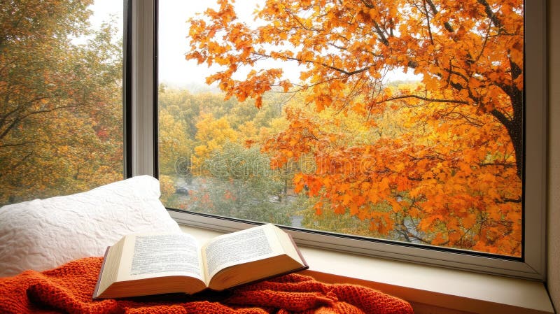 A cozy setting features an open book resting on a bed, while autumn colors frame the window. Warmth fills the room stock image