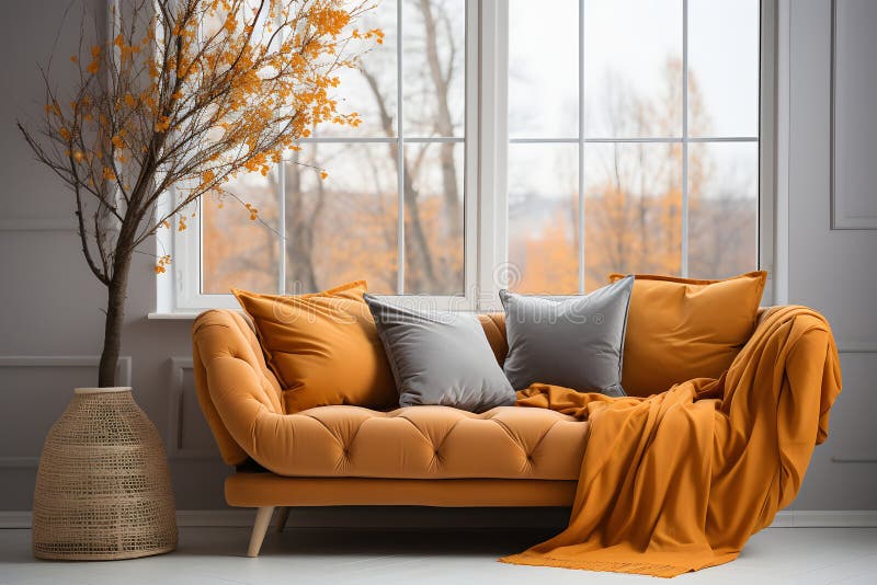 Cozy sofa with orange cushions near white wall with curtain against window. Scandinavian style home interior design of modern