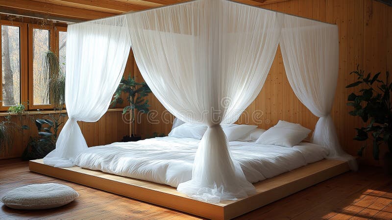 Cozy, spacious bedroom with a canopy bed vector illustration