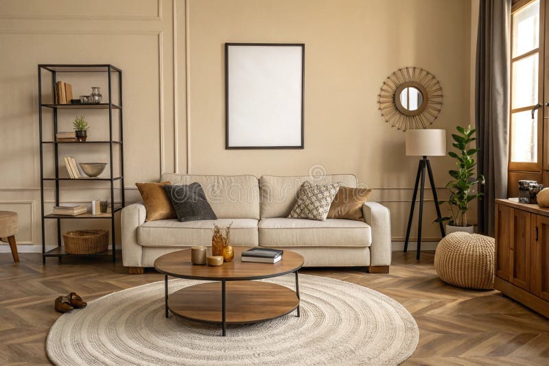 Cozy-vardagsrum med modulärt soffa och runda rug stock illustrationer