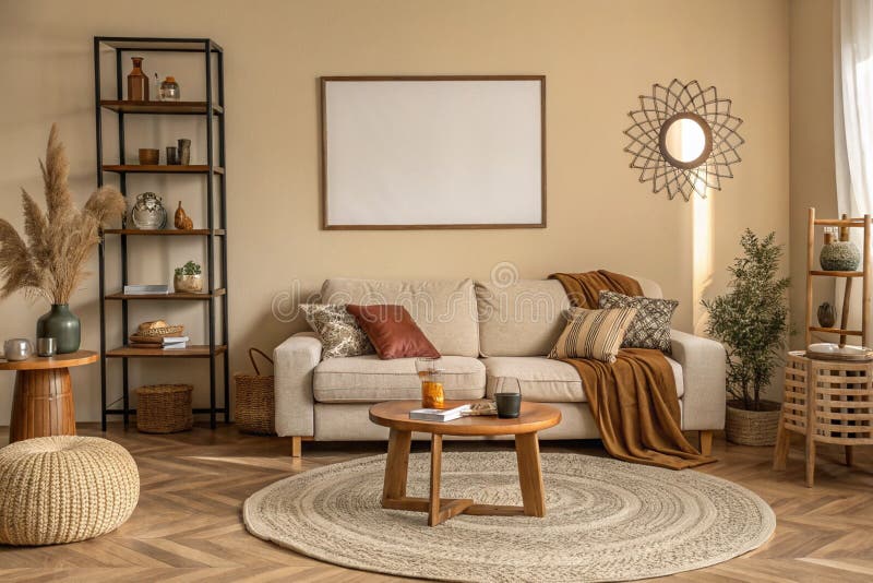 Cozy-vardagsrum med modulärt soffa och runda rug stock illustrationer