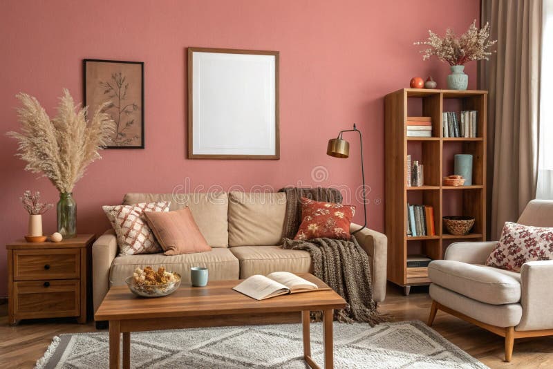 Cozy-vardagsrum med modulärt soffa och torkade blommor royaltyfri illustrationer