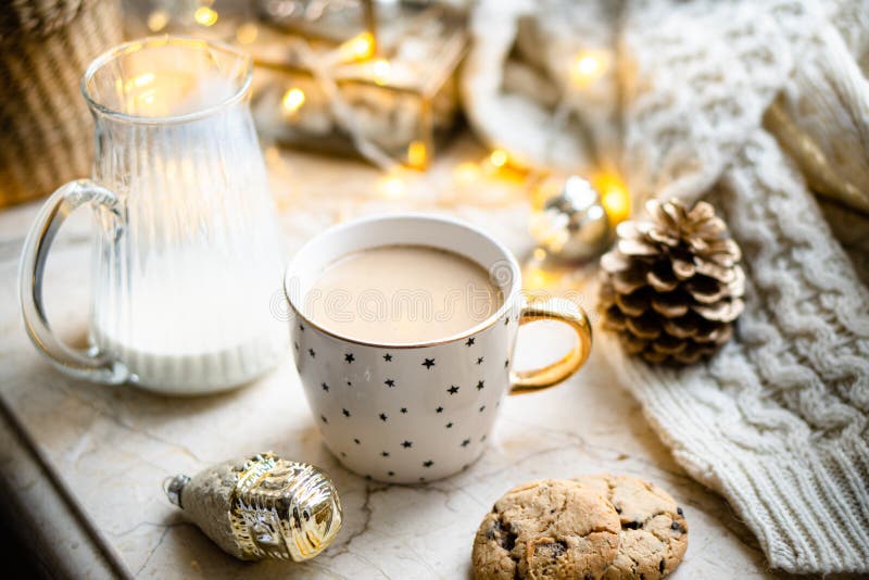 Cozy Winter Holiday Decoration, Christmas Lights and Coffee Cup with ...