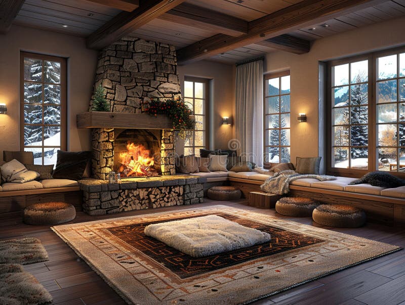 Cozy winter lodge with fur throws and a roaring fire stock images