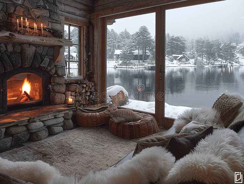 Cozy winter lodge with fur throws and a roaring fire stock photo