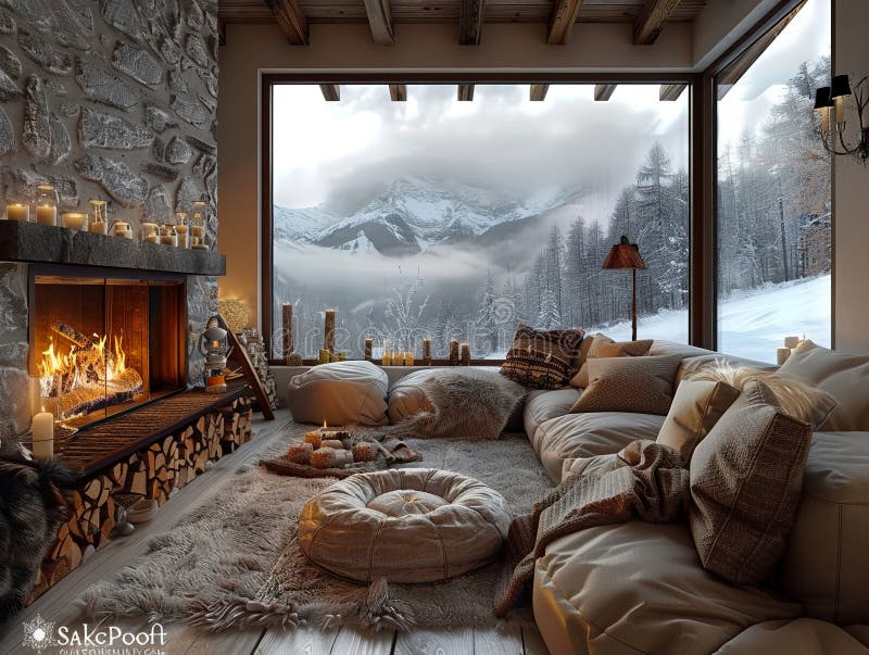 Cozy winter lodge with fur throws and a roaring fire royalty free stock photos