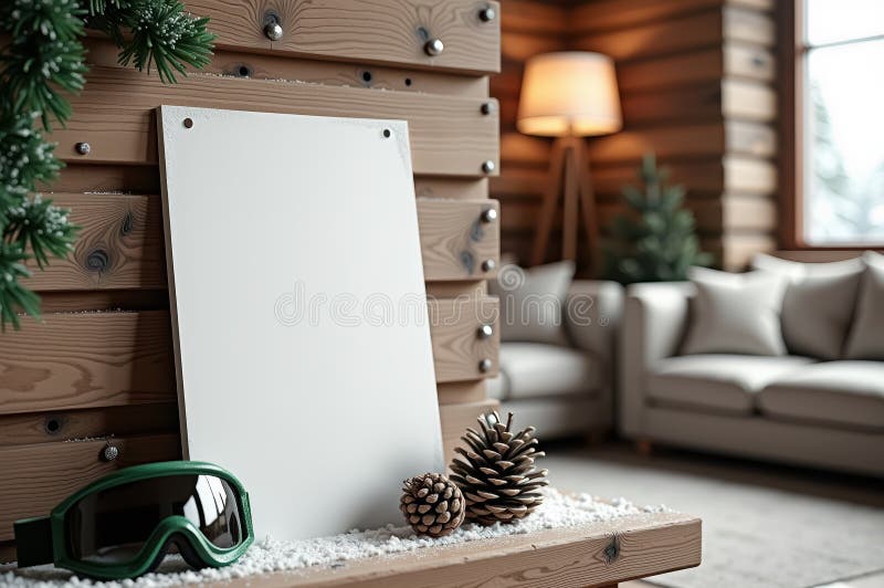 Cozy winter lodge interior with blank canvas, pinecones, and ski goggles. AI generation stock images
