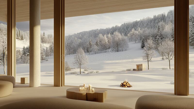 Cozy winter lodge with snowy mountain view, fire & candles stock photography