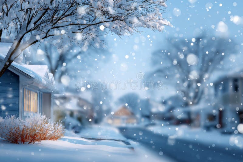 Cozy winter scene featuring a snow-covered house with warm light emanating from its windows, and a bare tree heavy with snow in stock illustration