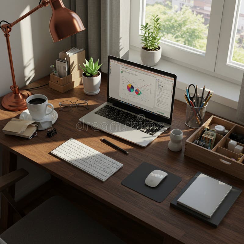A cozy workspace with a wooden desk by a window featuring a laptop displaying stock illustration