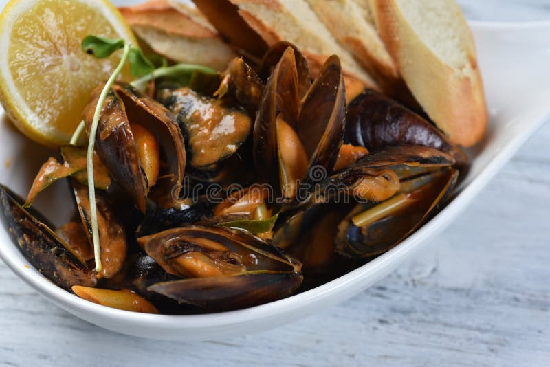 Cozze in conchiglia con salsa crotolone limone e germogli in una piastra bianca fotografie stock libere da diritti