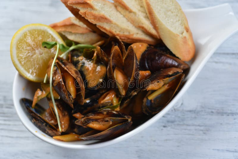 Cozze in conchiglia con salsa crotolone limone e germogli in una piastra bianca fotografie stock libere da diritti