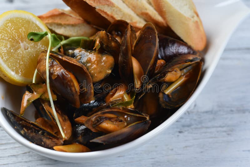 Cozze in conchiglia con salsa crotolone limone e germogli in una piastra bianca fotografie stock libere da diritti