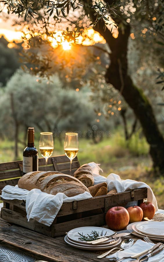 Coș de picnic rustic umplut cu pâine proaspătă, vin alb și mere iluminate de lumina aurie a apusului printre măslini vector illustration
