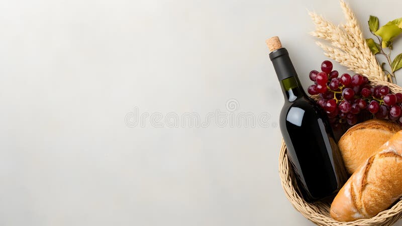 Coș de răchită rustică cu sticlă de vin, pâine roșie și tulpini de grâu pe fond neutru. Perfect pentru stock image