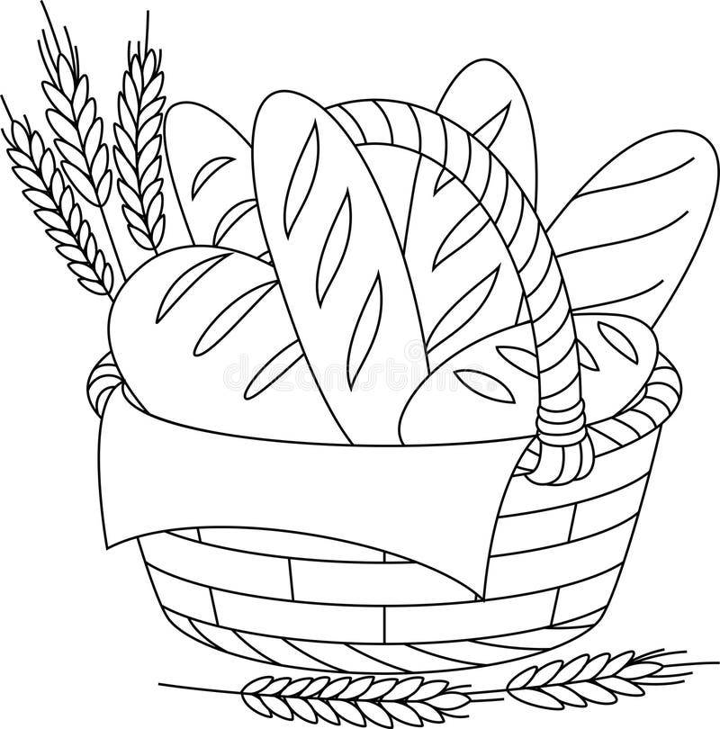 Coș plin cu pâine proaspăt coaptă, pagină colorată sudată. colorant desenat manual de Ziua Recunoștinței vector illustration