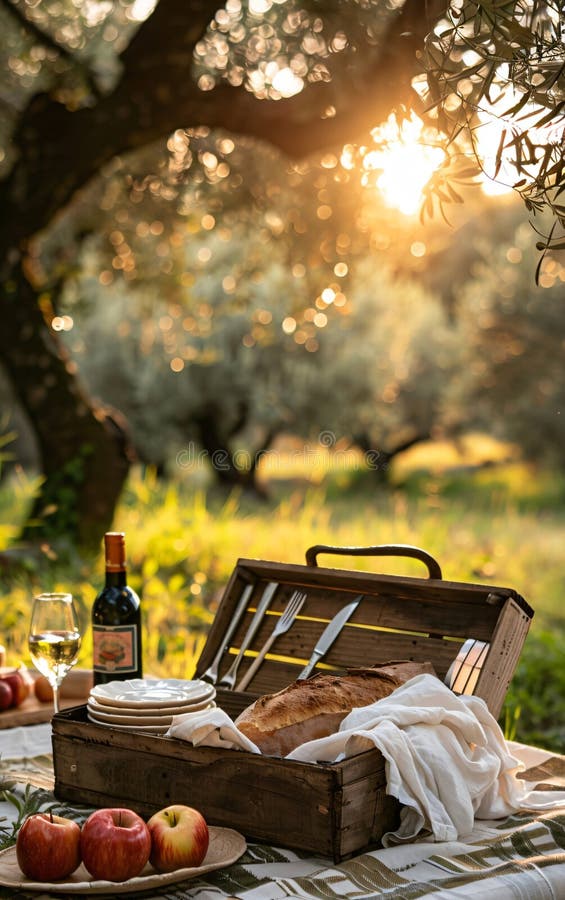 Coșul de picnic rustic care se revarsă cu alimente și băuturi se așează pe o pătură în apusul soarelui vector illustration