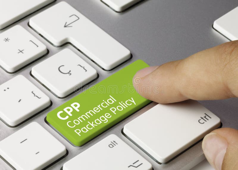 CPP商业包装保单 - 蓝色键盘键上的铭文 免版税图库摄影