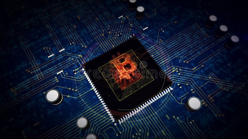 CPU an Bord mit bitcoin Hologrammanzeige stock abbildung