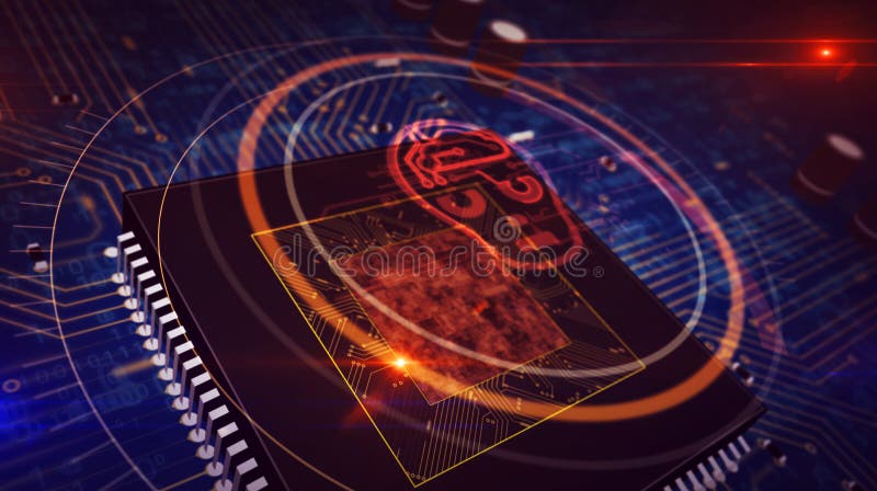 CPU a bordo con l'esposizione dell'ologramma di forma della testa di ai CPU a bordo con l'esposizione dell'ologramma di forma della testa di ai