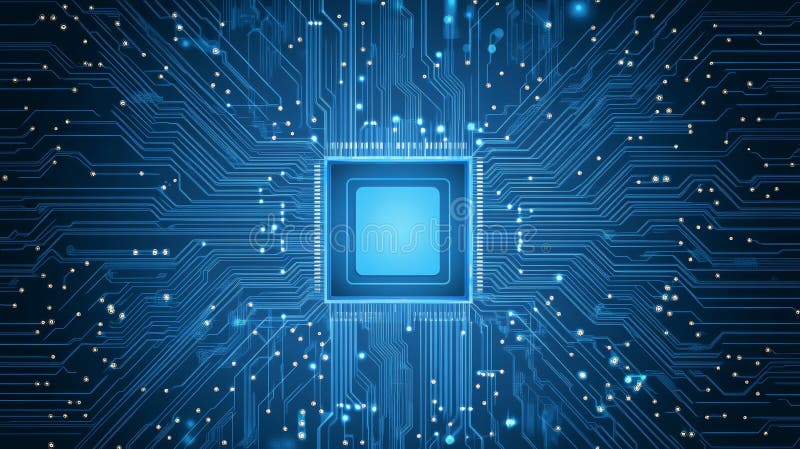 CPU chip background on technology blue background. Circuit board. AI Tech background. Semiconductor processor concept stock illustration