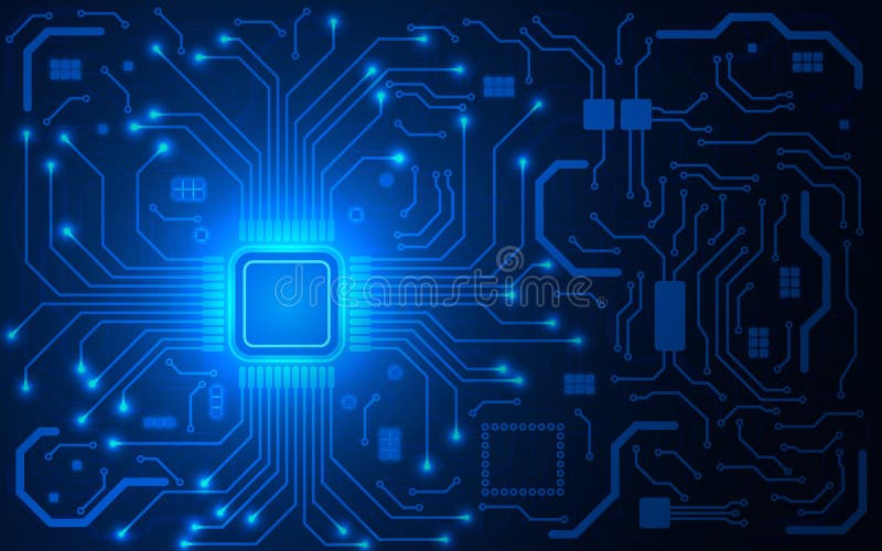 CPU chip and circuit board. Blue microprocessor background. Computer motherboard. Bright connections. Abstract light royalty free illustration