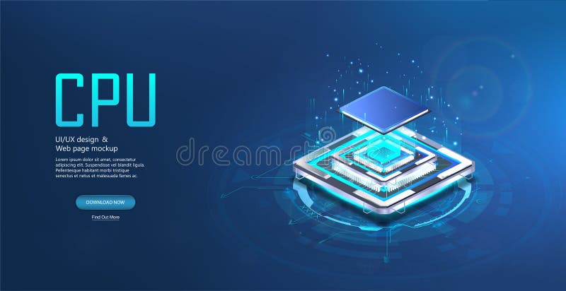 CPU computer processor in isometric view. 3D digital chip stock illustration