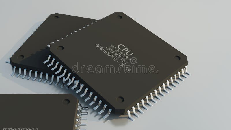 CPU computer processors lying on white flat surface. Side view. 3D Rendering. stock illustration