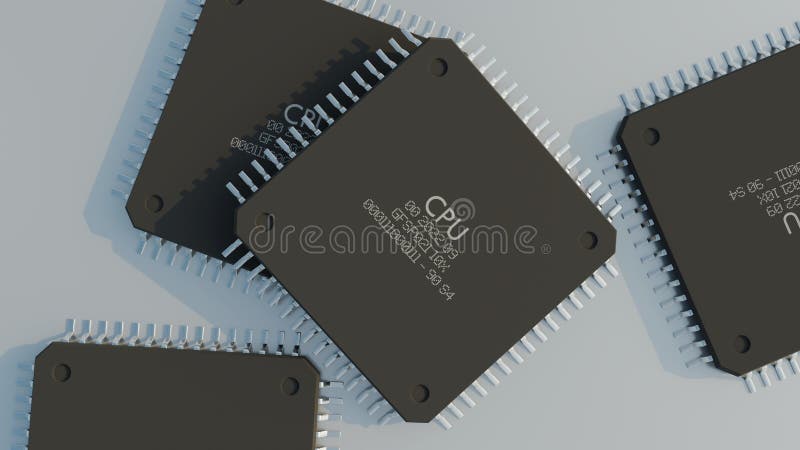 CPU computer processors lying on white flat surface. Top view. 3D Rendering. vector illustration