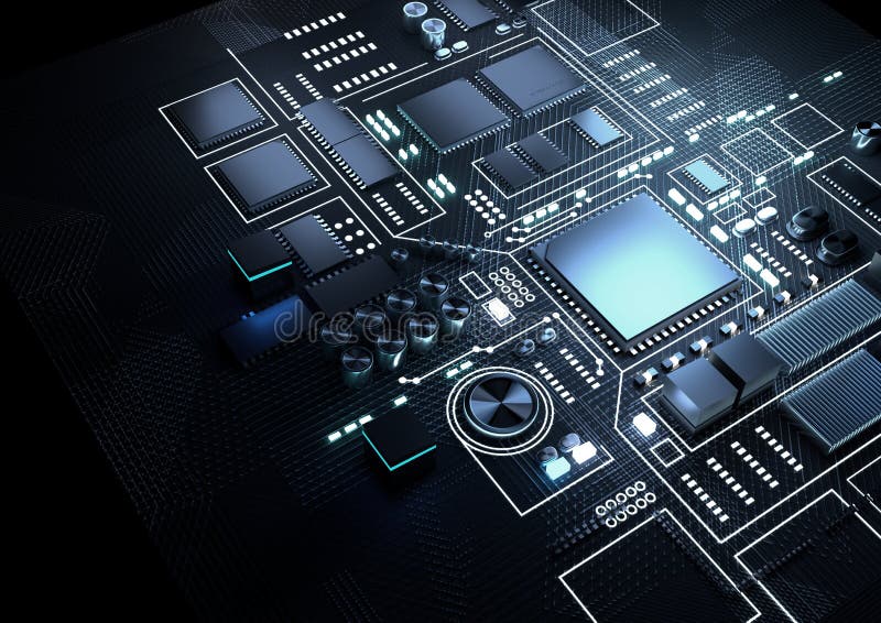 A close up view of a CPU on a motherboard. 3D render illustration. A close up view of a CPU on a motherboard. 3D render illustration