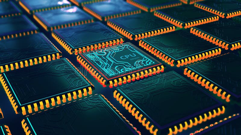 Cpu futurist. centru de date bază. procesor cuantic în rețea informatică globală stock illustration