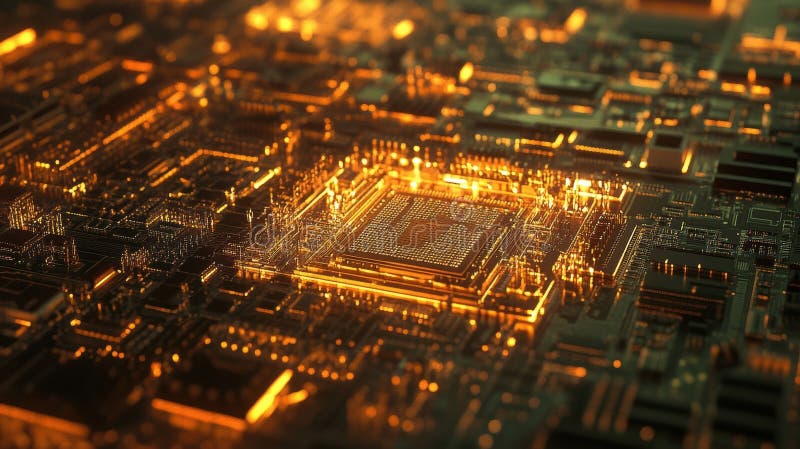 Cpu is glowing and processing data on motherboard, close up view stock image