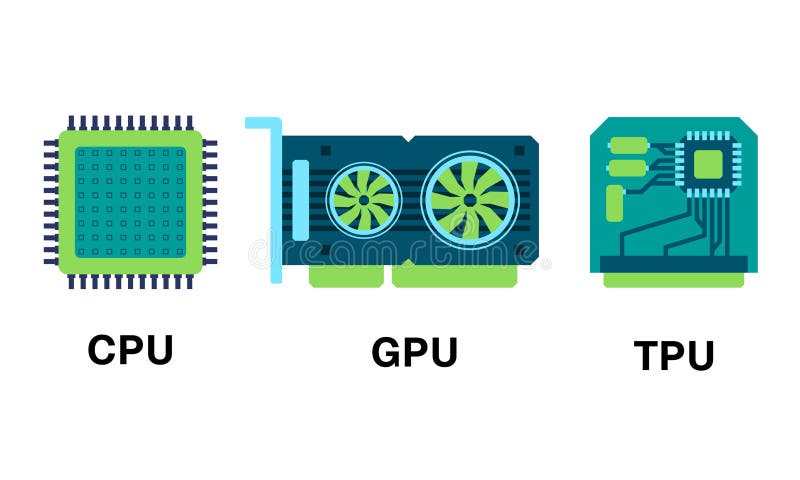 CPU GPU TPU tensor processing unit central and graphical artificial intelligence accelerator learning machine neural vector illustration