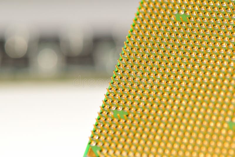 CPU with a memory on the background. Central processor unit. Golden pins of a processor stock images