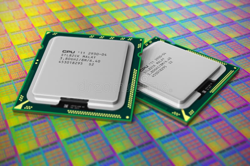 Macro view of modern CPUs on silicon wafer with processor cores. Shallow DOF effect. Macro view of modern CPUs on silicon wafer with processor cores. Shallow DOF effect