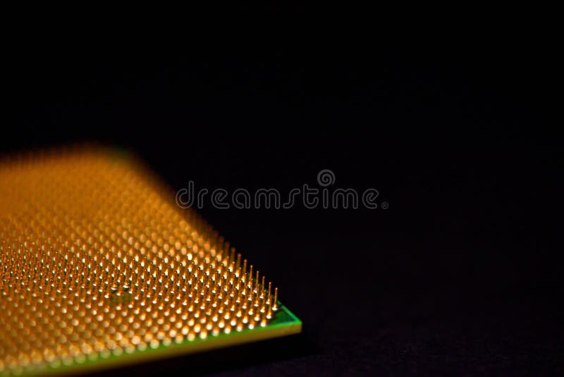 CPU pins. Central processor unit upside-down on a black background. Copy space royalty free stock photography