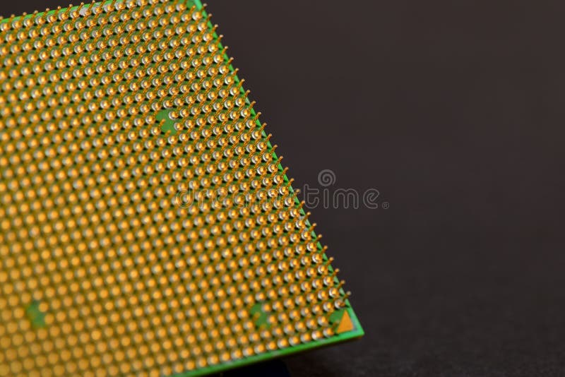 CPU pins. Central processor unit upside-down on a black background. Copy space royalty free stock images