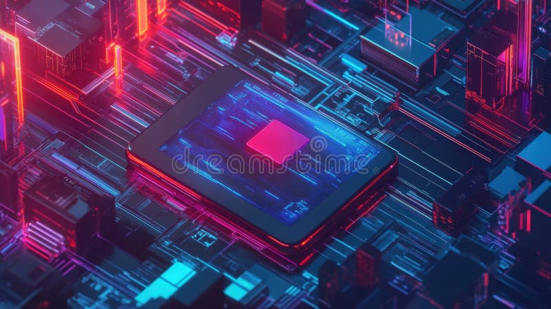 Cpu processing data on futuristic motherboard with neon lights stock photography
